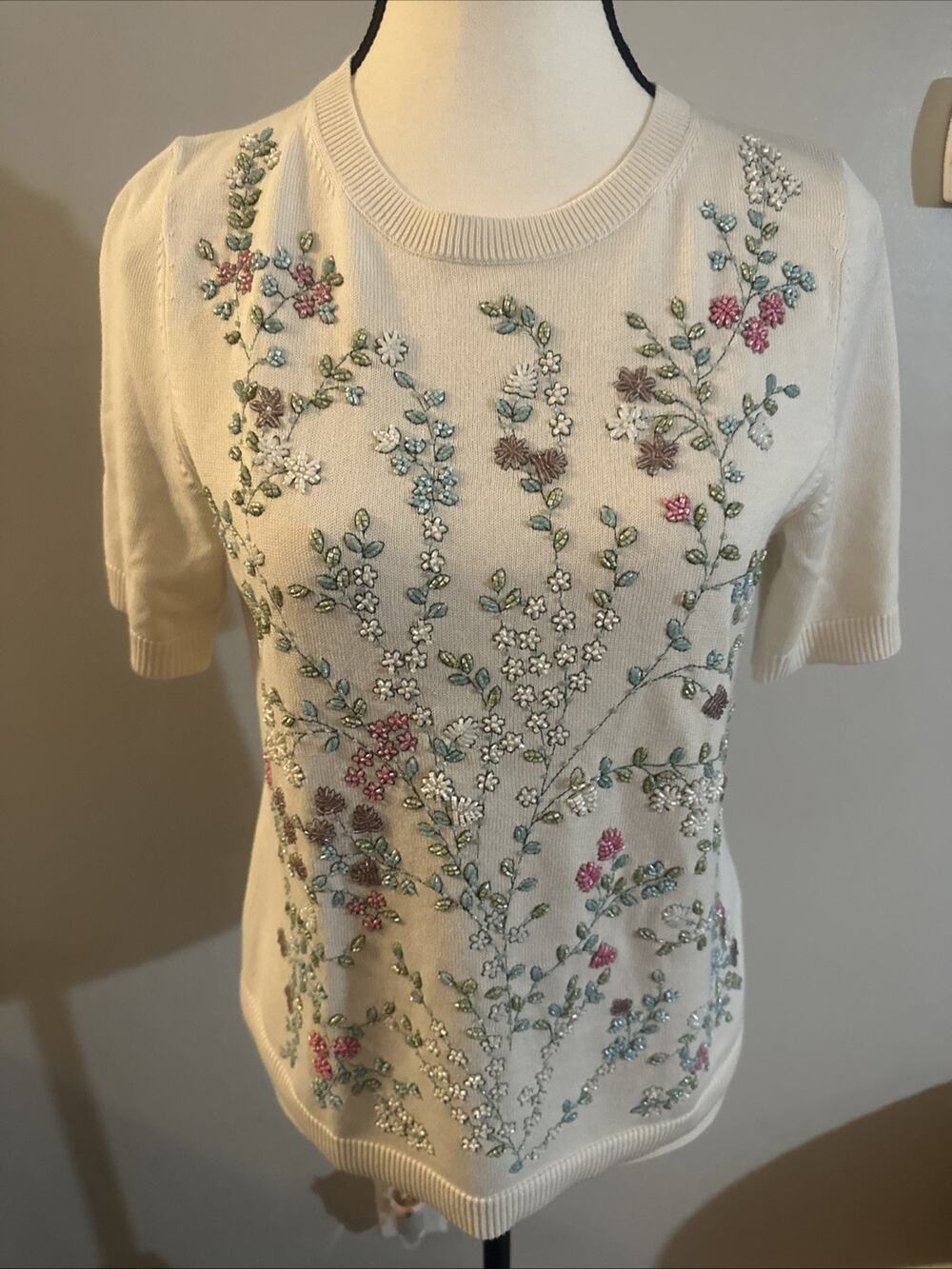 Talbots Beaded Sweater Short Sleeve Petite PS Floral Beads Small Cream, Spring